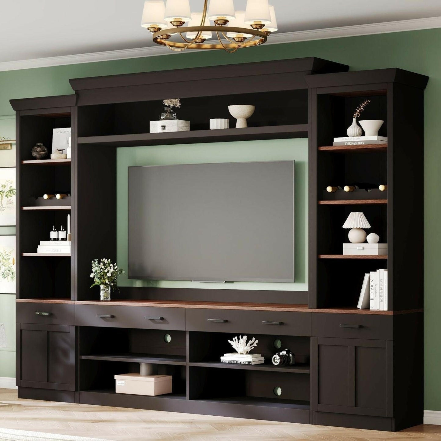 Entertainment Wall Unit Set – Black & Walnut TV Stand with Adjustable Shelves for 70" TVs - GoTypical