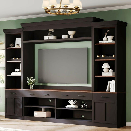 Entertainment Wall Unit Set – Black & Walnut TV Stand with Adjustable Shelves for 70" TVs - GoTypical