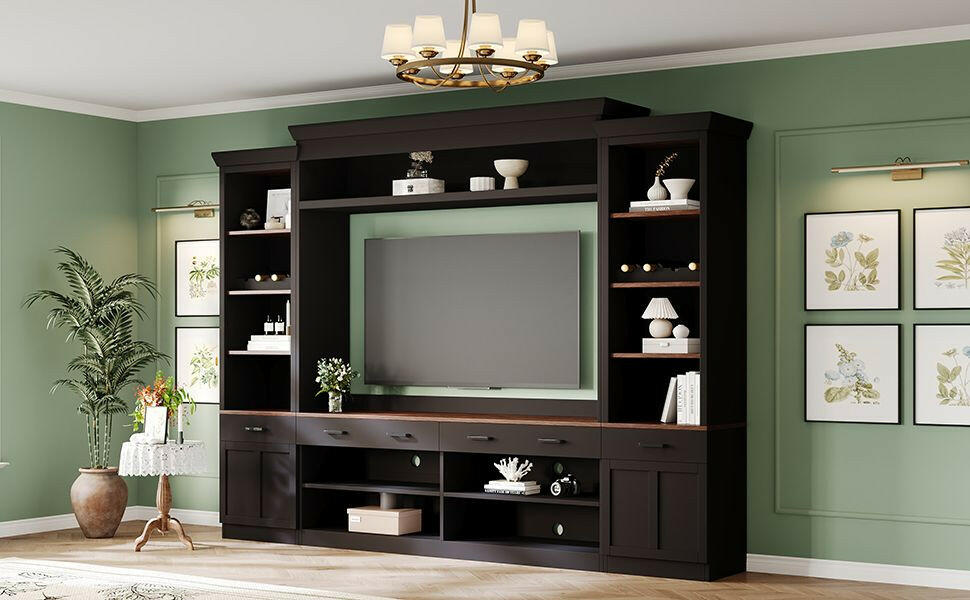 Entertainment Wall Unit Set – Black & Walnut TV Stand with Adjustable Shelves for 70" TVs - GoTypical