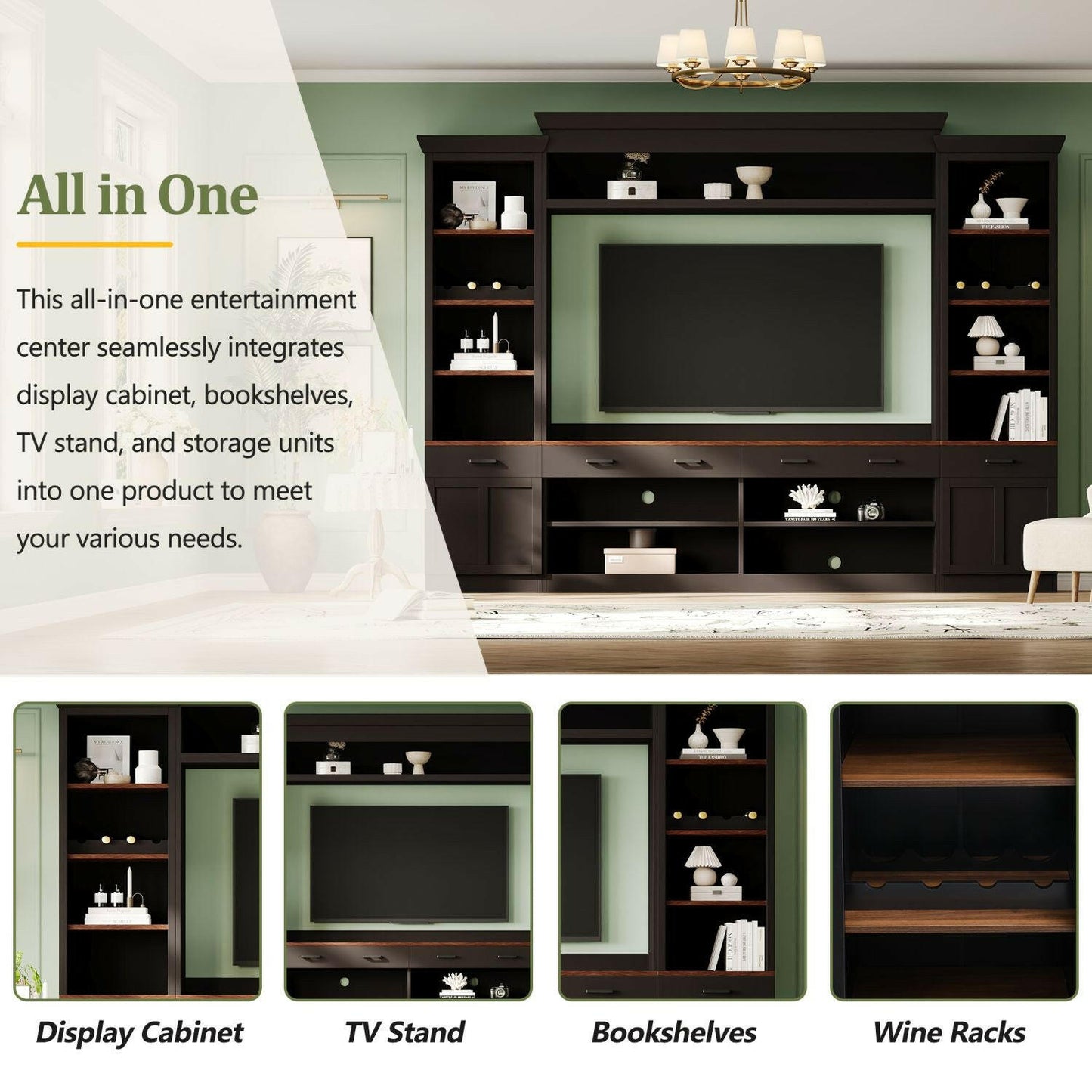 Entertainment Wall Unit Set – Black & Walnut TV Stand with Adjustable Shelves for 70" TVs - GoTypical