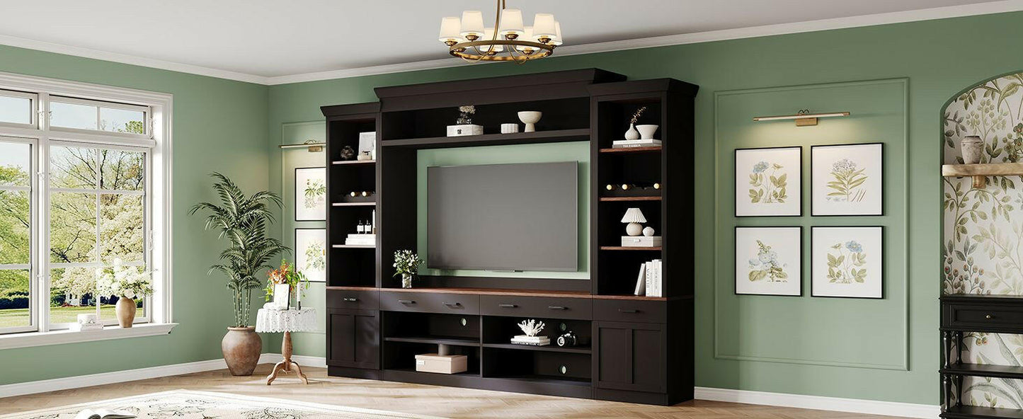 Entertainment Wall Unit Set – Black & Walnut TV Stand with Adjustable Shelves for 70" TVs - GoTypical