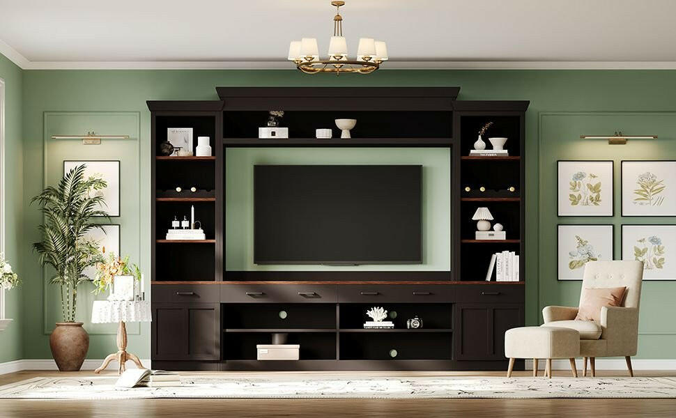 Entertainment Wall Unit Set – Black & Walnut TV Stand with Adjustable Shelves for 70" TVs - GoTypical