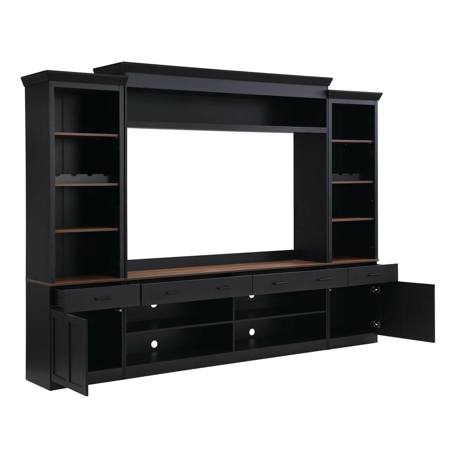 Entertainment Wall Unit Set – Black & Walnut TV Stand with Adjustable Shelves for 70" TVs - GoTypical
