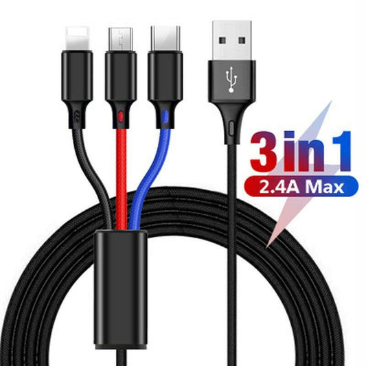 . Nylon Braided 3-Head Fast Charging Mobile Phone Cable - GoTypical