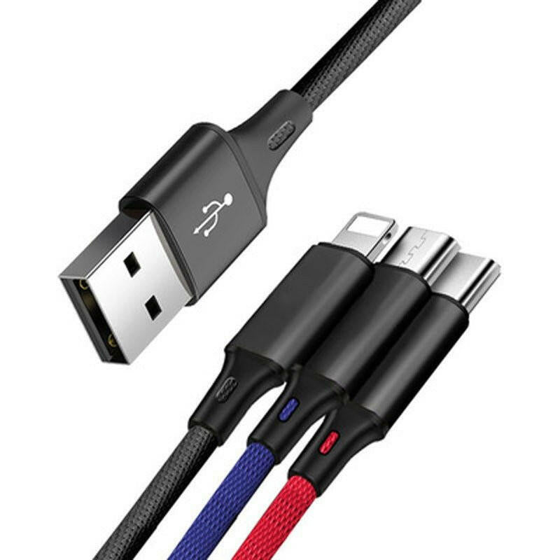 . Nylon Braided 3-Head Fast Charging Mobile Phone Cable - GoTypical