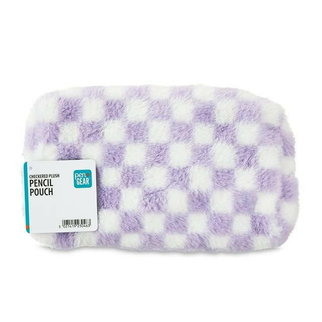 Pen+Gear Plush Pencil Pouch – Lilac & White Checked Organizer - GoTypical