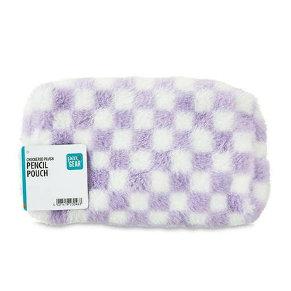 Pen+Gear Plush Pencil Pouch – Lilac & White Checked Organizer - GoTypical