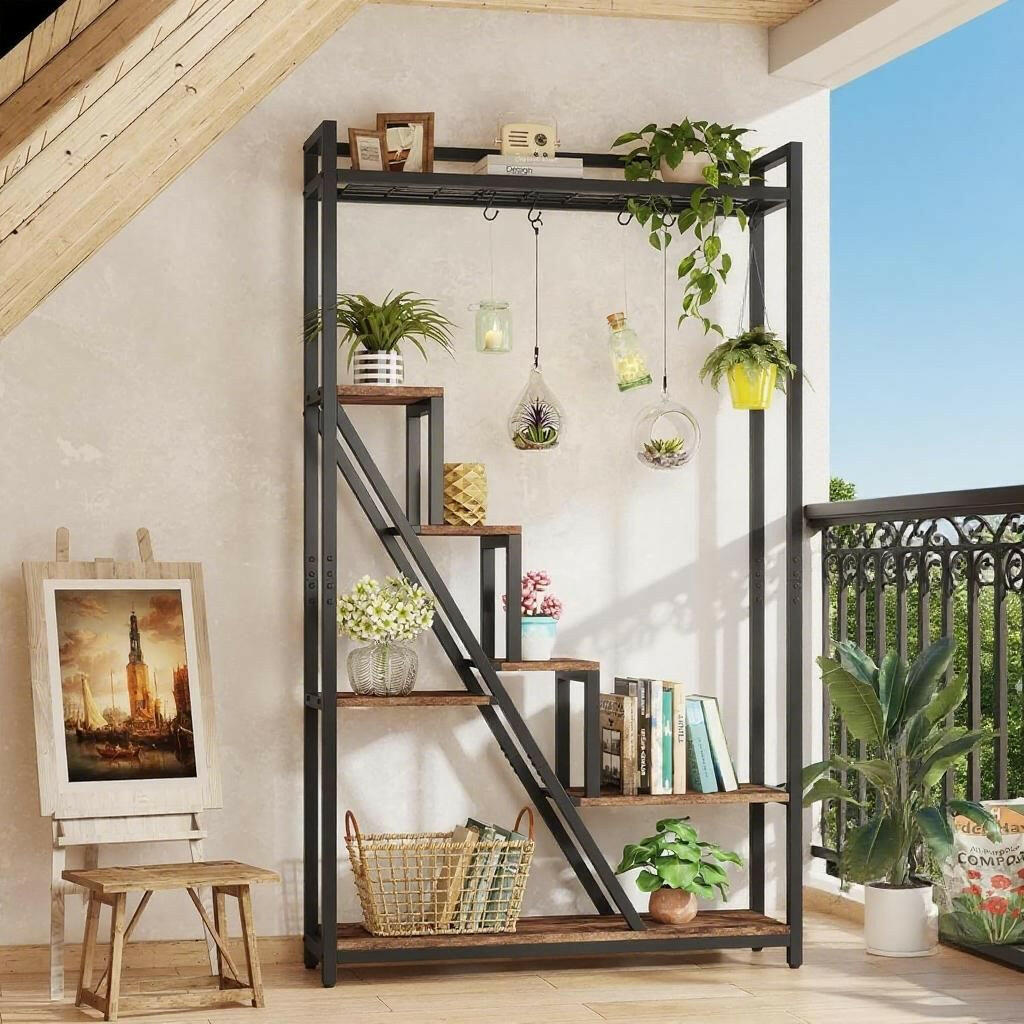 7-Tier Plant Stand – Indoor Ladder Shelf with Rustic Wood Finish - GoTypical
