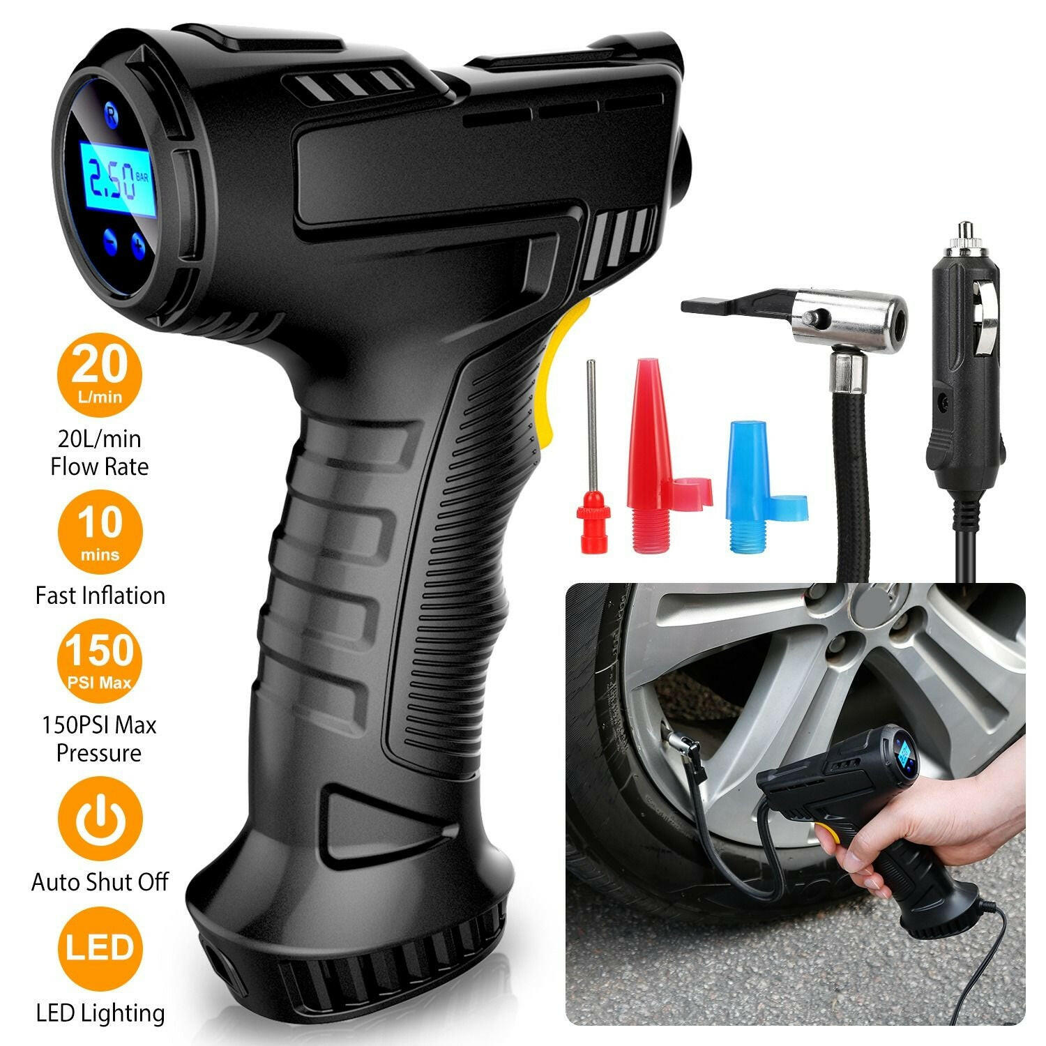 Portable Car Tire Inflator DC 12V Digital Car Air Pump Compressor Electric Air Pump with LED Light 150PSI - GoTypical