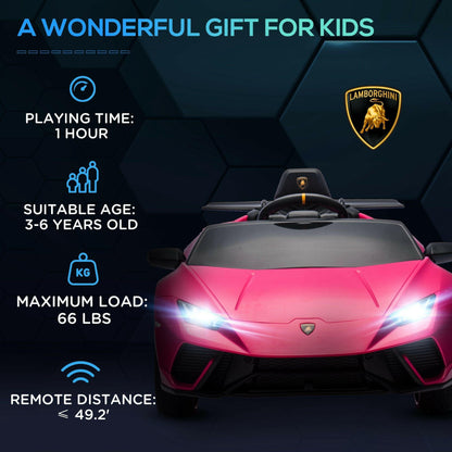 Qaba Kids Electric Car 12V Lamborghini Huracan – Pink, Remote Control - GoTypical