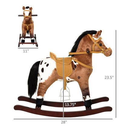 Qaba Kids Plush Ride-On Rocking Horse – Metal Frame, Dark Brown/White - GoTypical