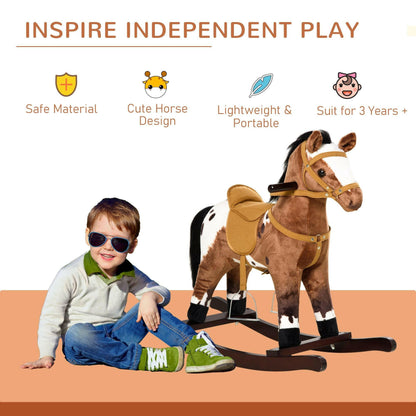 Qaba Kids Plush Ride-On Rocking Horse – Metal Frame, Dark Brown/White - GoTypical