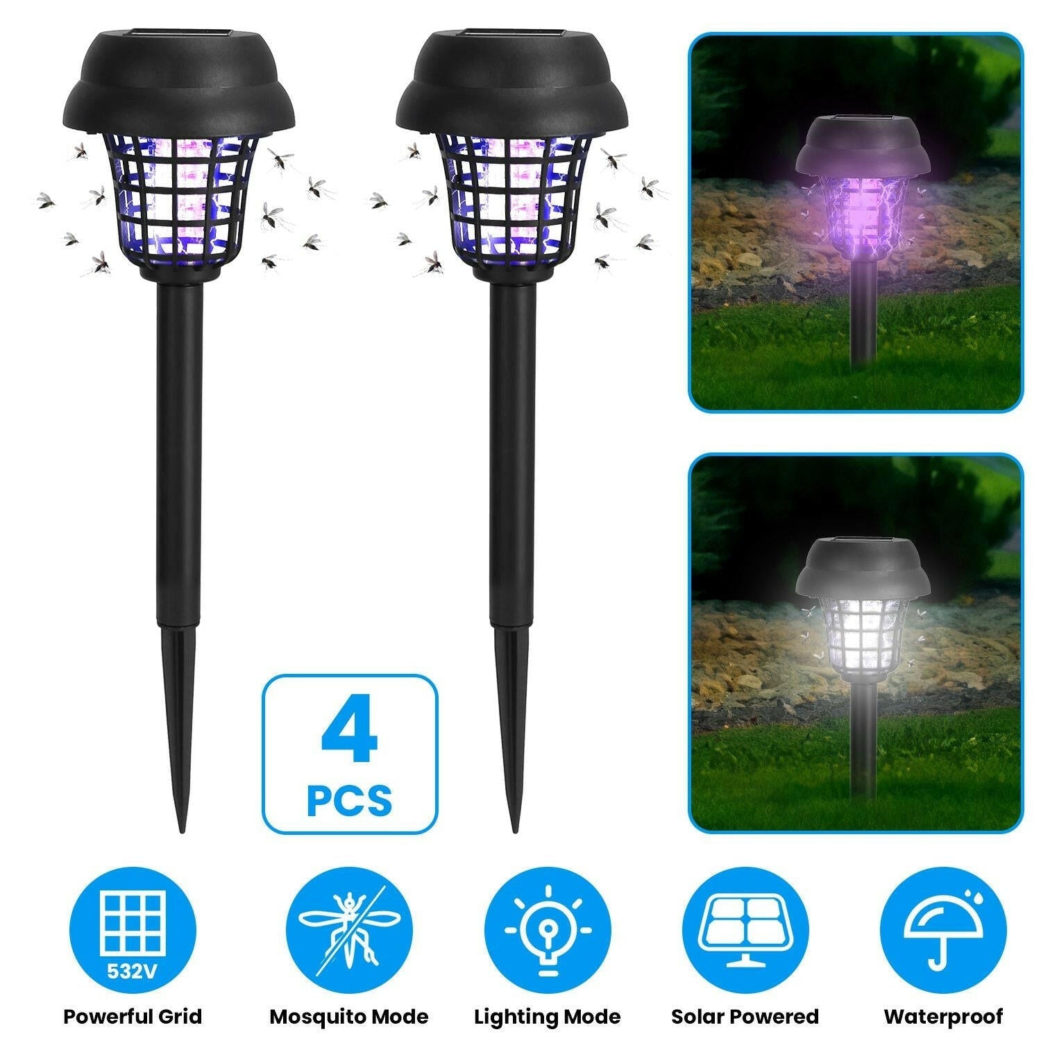 Solar Mosquito Zapper 4 - Pack – Dual Purple UV & White LED Modes, 532 V Electric Shock, Auto On/Off, 800 mAh Rechargeable Battery, Waterproof Torch for Yard, Garden, Patio - GoTypical