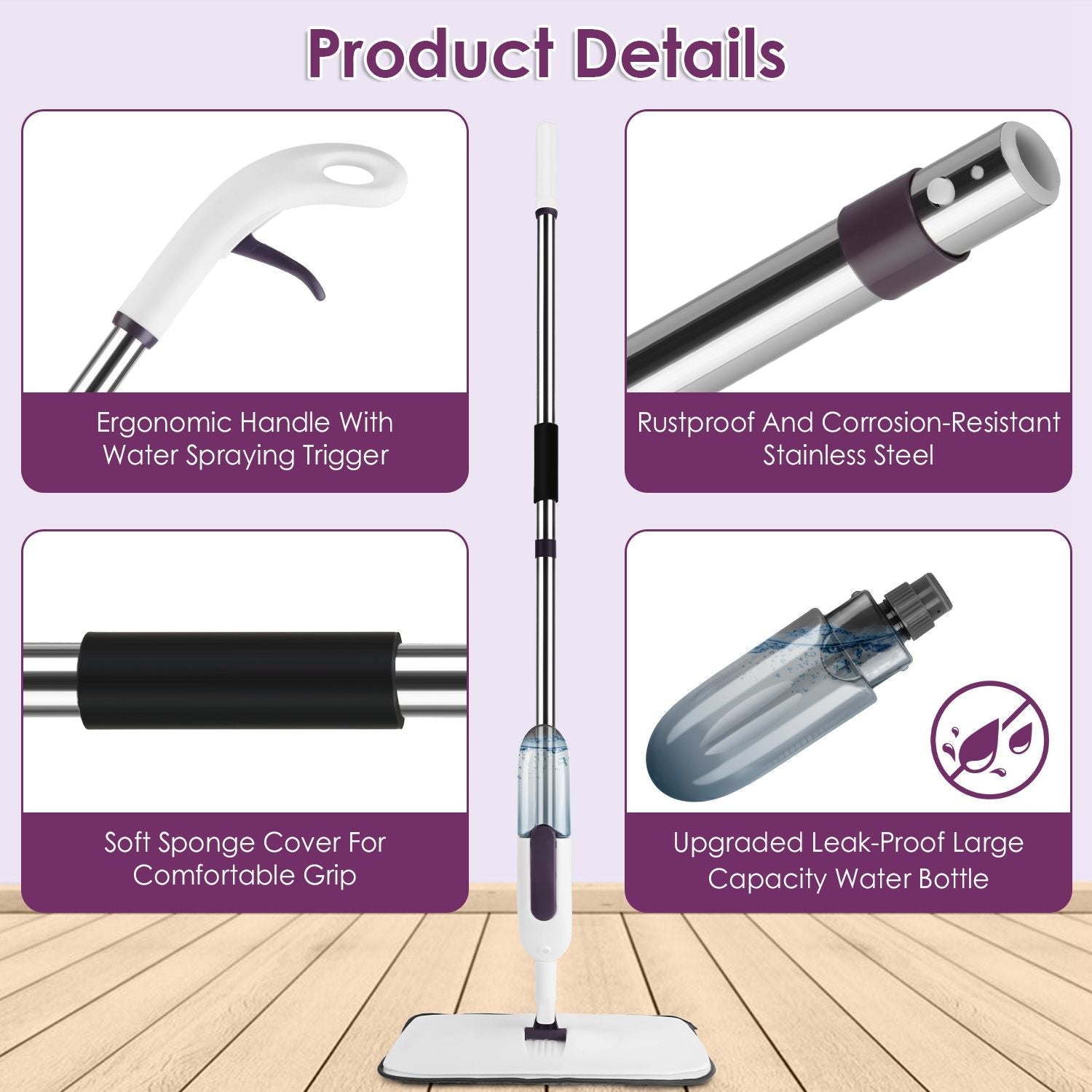 Spray Mop for Floor Cleaning, 49.21" Extended Handle with 360° Rotating Mop Head, 12oz Leak - Proof Water Bottle & 3 Reusable Microfiber Pads - No Battery Needed, for Hardwood, Laminate, Tile, Vinyl & M - GoTypical