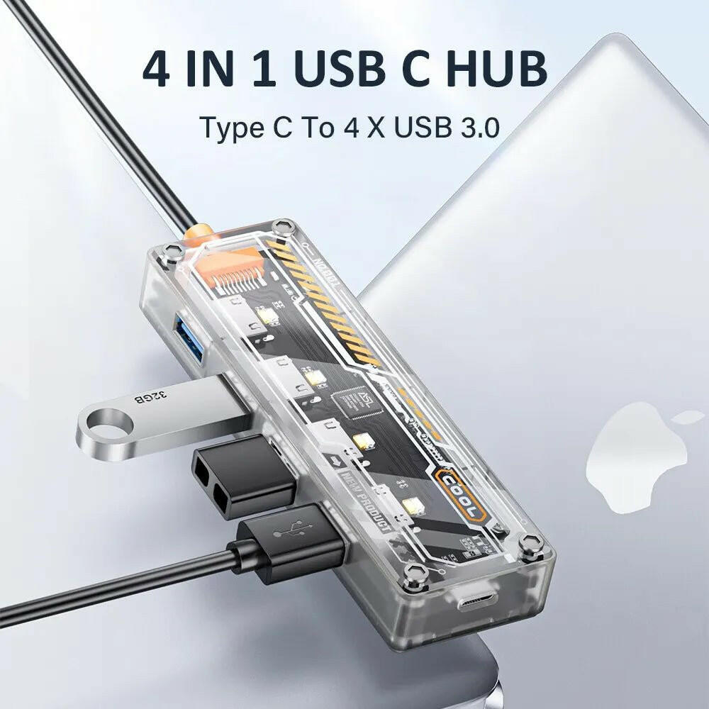 ASOMETECH USB C Hub 4 in 1 – USB 3.0 Transparent Punk Docking Station - GoTypical