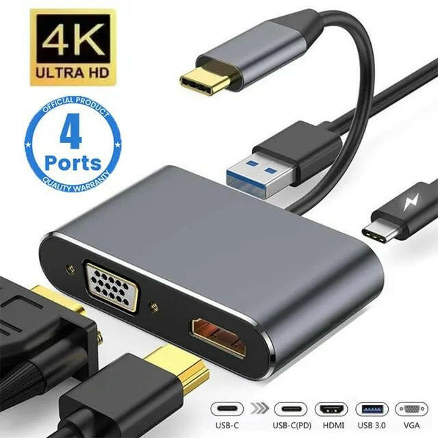 . USB C Hub 4-in-1 Type C Adapter – 4K HDMI VGA PD Fast Charge - GoTypical