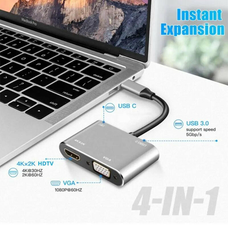 . USB C Hub 4-in-1 Type C Adapter – 4K HDMI VGA PD Fast Charge - GoTypical