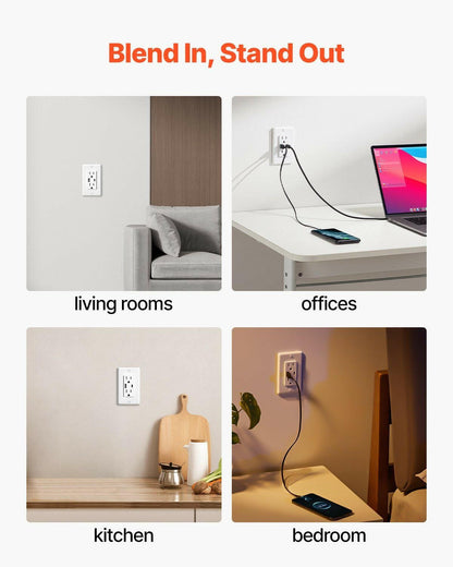 VEVOR USB Wall Outlet 24W 15A with Type C & A Ports – White - GoTypical