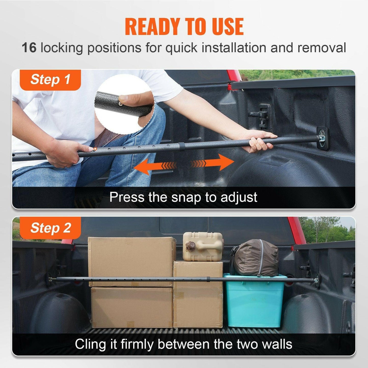 VEVOR Cargo Bar, Truck Bed Bar Adjustable from 40" to 73", Heavy - duty Steel Cargo Stabilizer Bar with 220 lbs Capacity, Truck Load Bar Stop Sliding for Pickup Truck Bed, SUV, Minitruck - GoTypical