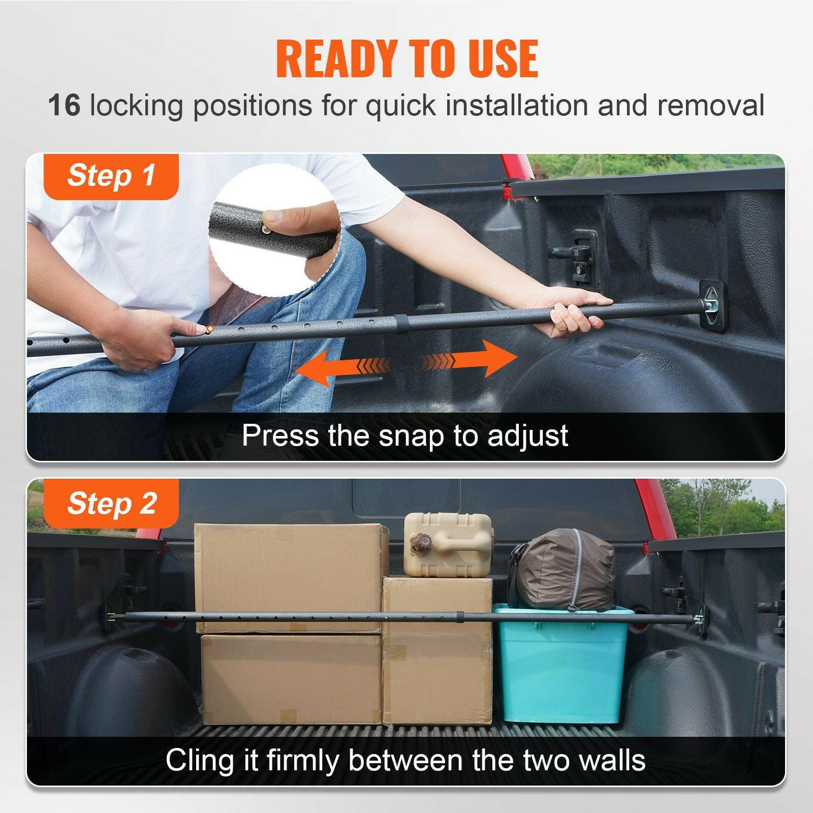 VEVOR Cargo Bar, Truck Bed Bar Adjustable from 40" to 73", Heavy - duty Steel Cargo Stabilizer Bar with 220 lbs Capacity, Truck Load Bar Stop Sliding for Pickup Truck Bed, SUV, Minitruck - GoTypical