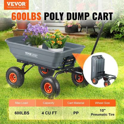 VEVOR Dump Cart, Poly Garden Dump Cart with Easy to Assemble Steel Frame, Dump Wagon with 2 - in - 1 Convertible Handle, Utility Wheelbarrow 600 lbs Capacity, 10 inch Tires - GoTypical