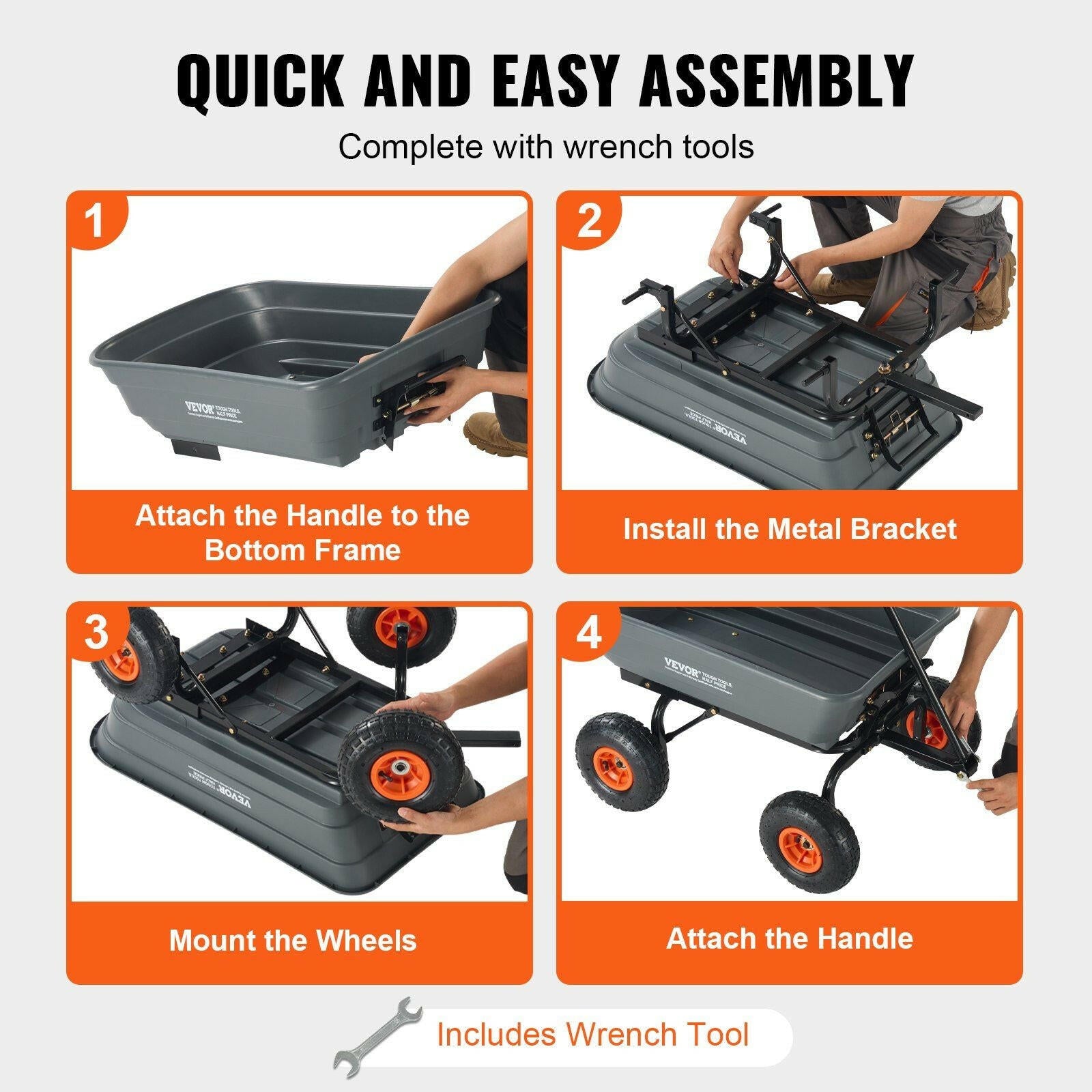 VEVOR Dump Cart, Poly Garden Dump Cart with Easy to Assemble Steel Frame, Dump Wagon with 2 - in - 1 Convertible Handle, Utility Wheelbarrow 600 lbs Capacity, 10 inch Tires - GoTypical