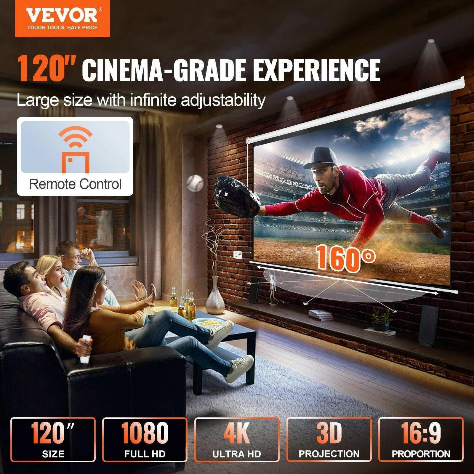 VEVOR Motorized Projector Screen 120-Inch 16:9 Electric Remote Control - GoTypical