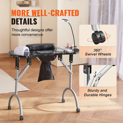VEVOR Portable Manicure Table, Foldable Nail Table with Electric Dust Collector, Moveable Nail Tech Desk & 4 Wheels, 3 Dust Bags, Bendable LED Lamp, MDF Nail Art Workstation for Home Spa Beauty Salon - GoTypical