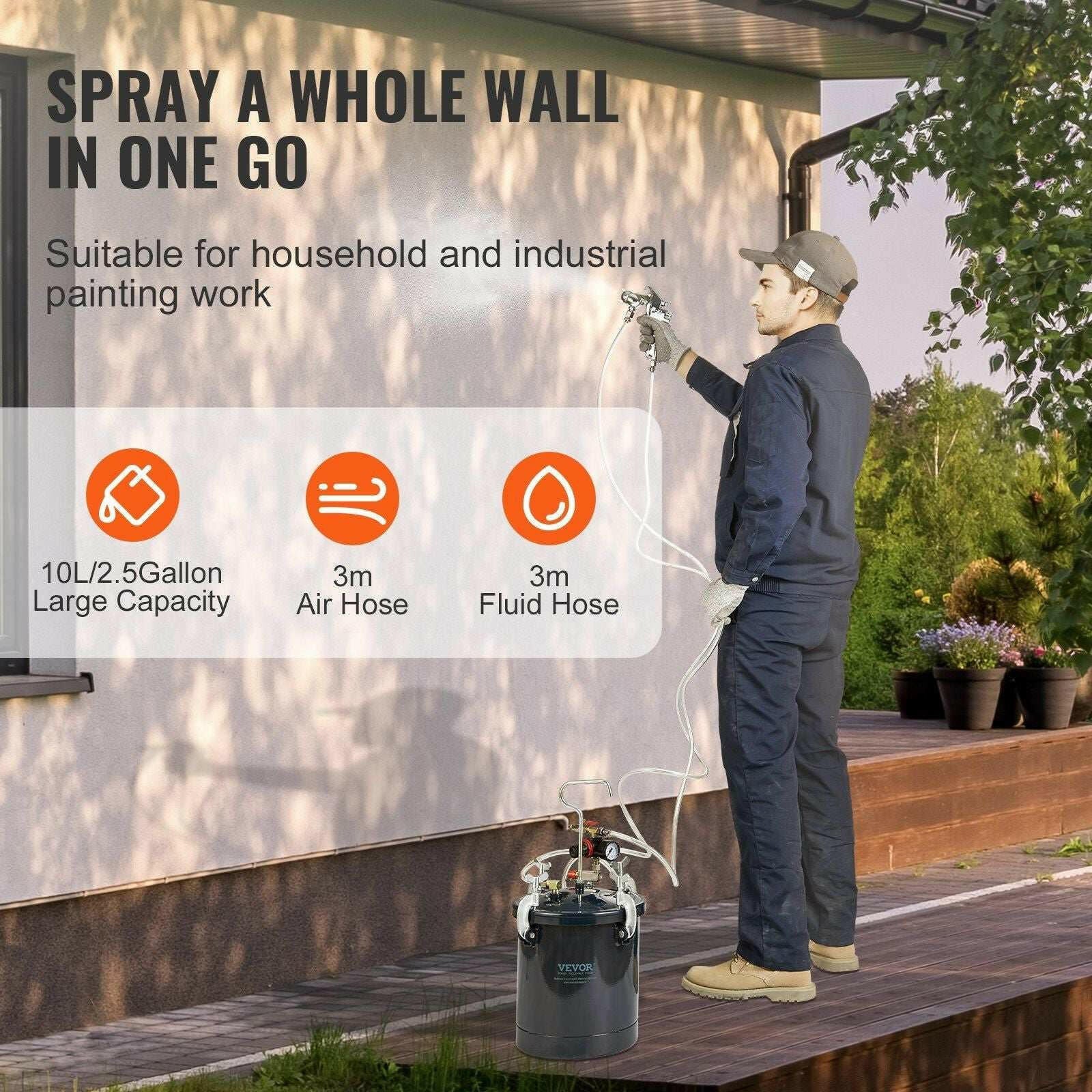 VEVOR 10L Spray Paint Pressure Pot Tank – Adjustable 60PSI with Two Nozzles - GoTypical