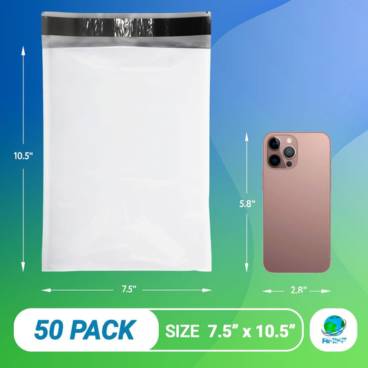 White Poly Mailers 7.5 x 10.5 Inches. 50 Pack Poly Shipping Bags for Clothing with Self - Seal Tape. Stretchy Waterproof Mailers Poly Bags for Shipping. Shipping Envelopes for Clothing - GoTypical