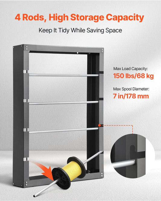 Wire Spool Rack 4 Adjustable Rods Spool Holder Wall Mounted 150 lbs Capacity - GoTypical