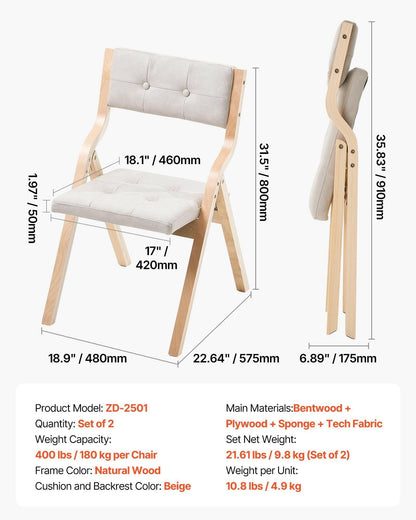 . Wooden Folding Chairs – Beige Padded Cushion Set of 2 - GoTypical
