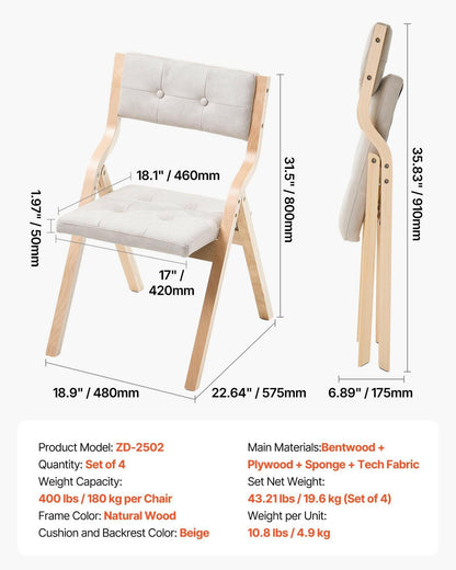 . Wooden Folding Chairs – Beige Padded Cushion Set of 4 - GoTypical