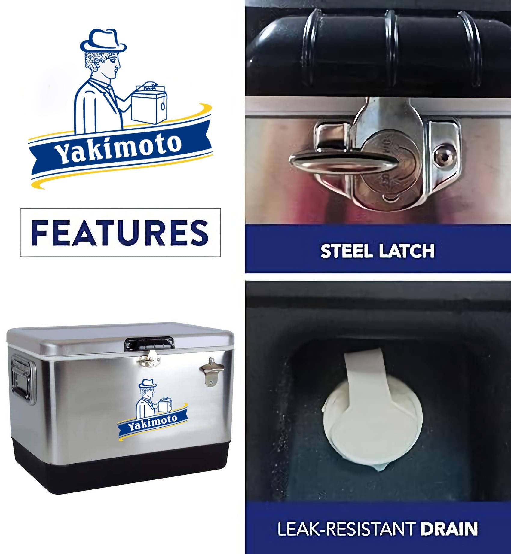 Yakimoto Ice Chest Beverage Beer Cooler Box With Bottle Opener, 51L/54Qt Stainless Steel Portable Insulated Ice Bucket, Sturdy And Leak - proof, For Camping, Beach, Picnic, RV, BBQ, Picnic, Fishing - GoTypical