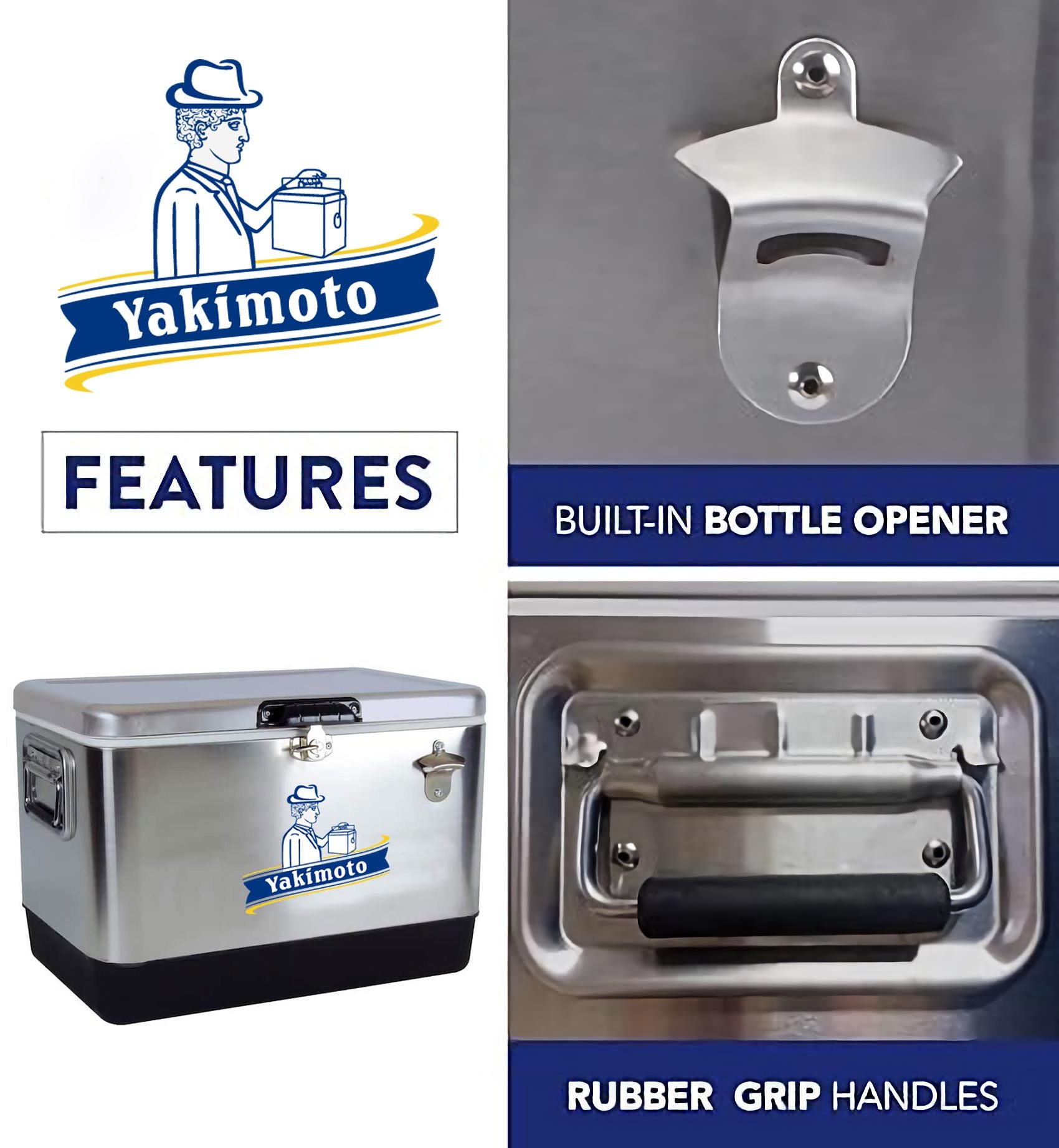 Yakimoto Ice Chest Beverage Beer Cooler Box With Bottle Opener, 51L/54Qt Stainless Steel Portable Insulated Ice Bucket, Sturdy And Leak - proof, For Camping, Beach, Picnic, RV, BBQ, Picnic, Fishing - GoTypical