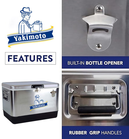 Yakimoto Ice Chest Beverage Beer Cooler Box With Bottle Opener, 51L/54Qt Stainless Steel Portable Insulated Ice Bucket, Sturdy And Leak - proof, For Camping, Beach, Picnic, RV, BBQ, Picnic, Fishing - GoTypical