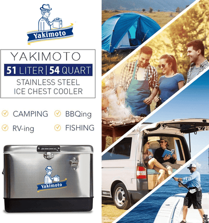 Yakimoto Ice Chest Beverage Beer Cooler Box With Bottle Opener, 51L/54Qt Stainless Steel Portable Insulated Ice Bucket, Sturdy And Leak - proof, For Camping, Beach, Picnic, RV, BBQ, Picnic, Fishing - GoTypical